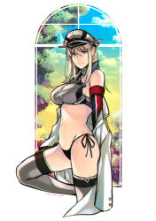 Rule 34 | 1girl, adapted costume, armor, bikini, bismarck (kancolle), black bikini, blonde hair, blue eyes, breastplate, commentary request, detached sleeves, grey thighhighs, hat, hiyoshi hana, kantai collection, military, military hat, military uniform, naval uniform, peaked cap, side-tie bikini bottom, simple background, solo, swimsuit, thighhighs, uniform, white background, window