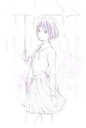 Rule 34 | 1girl, bag, bookbag, monochrome, original, rain, short hair, sketch, skirt, solo, traditional media, umbrella, yoshitomi akihito