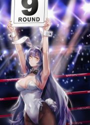 Rule 34 | 1girl, animal ears, armpits, arms up, audience, bare shoulders, black bow, blue hair, blush, bow, bowtie, boxing ring, breasts, camera flash, cleavage, closed mouth, collar, creamyghost, detached collar, fake animal ears, girls&#039; frontline, hair between eyes, indoors, large breasts, lens flare, leotard, light rays, lights, long hair, looking at viewer, official alternate costume, pantyhose, playboy bunny, rabbit ears, rabbit girl, rabbit tail, round girl, side-tie leotard, sign, smile, solo, stadium, tail, tar-21 (girls&#039; frontline), tar-21 (night at the bar) (girls&#039; frontline), very long hair, white collar, white leotard, wrist cuffs, yellow eyes