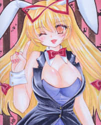 Rule 34 | 1girl, alternate costume, animal ears, bad id, bad pixiv id, blonde hair, bow, bowtie, breasts, bug, rabbit ears, butterfly, cat, cleavage, detached collar, female focus, fingernails, flower, hair bow, hair ribbon, heart, index finger raised, bug, jacket, large breasts, light particles, lips, long hair, marker (medium), mask, millipen (medium), mitsuba (threeleaf), nail polish, one eye closed, parted lips, pastel (medium), playboy bunny, red eyes, ribbon, rose, solo, star (symbol), striped, striped background, touhou, traditional media, wink, wrist cuffs, yakumo yukari