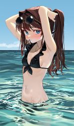 Rule 34 | 1girl, armpits, arms behind head, arms up, bare arms, bare shoulders, bikini, blue eyes, blush, breasts, brown hair, bunching hair, elisia valfelto, eyewear on head, frilled bikini, frills, front-tie bikini top, front-tie top, hair intakes, hair tie in mouth, jewelry, long hair, looking at viewer, luicent, mouth hold, navel, necklace, ocean, original, outdoors, partially submerged, ponytail, small breasts, solo, stomach, sunglasses, swimsuit, tan, tanline, wading, water, wet