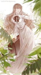 Rule 34 | 1girl, brown eyes, brown hair, brown neckwear, brown skirt, bug, butterfly, case, chinese commentary, commentary request, english text, flower, fors wall, hat, highres, holding, bug, long hair, long skirt, lord of the mysteries, plant, shaoyun771, shirt, simple background, skirt, smile, solo, teeth, white background, white shirt