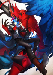 Rule 34 | 10s, 1boy, amamiya ren, arsene (persona 5), aura, black hair, claws, feathered wings, feathers, glowing, glowing eyes, gradient background, gun, highres, jacket, male focus, monster, persona, persona 5, qingxingzhen, solo, weapon, wings