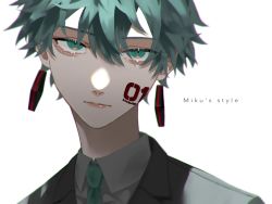 Rule 34 | 1boy, animal ears, aqua eyes, aqua hair, blazer, body writing, character request, check character, closed mouth, collared shirt, english text, eyelashes, facial mark, green eyes, green hair, green necktie, grey jacket, hair between eyes, hatsune mikuo, highres, jacket, looking at viewer, maaroso 09, male focus, necktie, portrait, shirt, short hair, simple background, solo, vocaloid, white background, white shirt