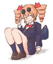 Rule 34 | 1girl, alternate costume, bag, bow, bowtie, convenient leg, drill hair, earrings, eyewear on head, gold trim, grin, hand up, highres, jewelry, knees up, mizusoba, orange eyes, orange hair, red bow, red bowtie, shoulder bag, simple background, sitting, smile, solo, sunglasses, touhou, twin drills, white background, wing collar, yorigami jo&#039;on
