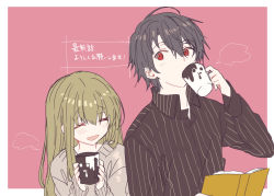 Rule 34 | 1boy, 1girl, :d, black hair, black shirt, blush, book, cecilia (shiro seijo to kuro bokushi), closed eyes, collared shirt, cup, dress shirt, green hair, grey sweater, hair between eyes, holding, holding cup, kazutake hazano, lawrence (shiro seijo to kuro bokushi), mug, open book, open mouth, pink background, red eyes, shiro seijo to kuro bokushi, shirt, smile, striped clothes, striped shirt, sweater, translation request, two-tone background, upper body, vertical-striped clothes, vertical-striped shirt, white background