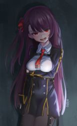 Rule 34 | 1girl, absurdres, angry, blush, breasts, girls&#039; frontline, hair ribbon, highres, ildy, long hair, looking at viewer, medium breasts, necktie, open mouth, pantyhose, purple hair, red eyes, red necktie, ribbon, side ponytail, solo, standing, teeth, wa2000 (girls&#039; frontline)