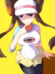 Rule 34 | 1girl, black pantyhose, blue eyes, blurry, breasts, brown hair, closed mouth, commentary request, cowboy shot, creatures (company), double bun, game freak, hair bun, hand up, highres, long hair, looking at viewer, nintendo, pantyhose, pantyhose under shorts, pokemon, pokemon bw2, raglan sleeves, rosa (pokemon), shirt, short shorts, shorts, smile, solo, takibpkms, twintails, visor cap, yellow background, yellow shorts