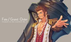 Rule 34 | 1boy, beard, blue eyes, brown hair, epaulettes, facial hair, fate/grand order, fate (series), hierotubas, highres, holding, holding weapon, long sideburns, long sleeves, looking at viewer, pectoral cleavage, male focus, military, military uniform, napoleon bonaparte (fate), open clothes, open shirt, pectorals, scar, sideburns, simple background, smile, solo, uniform, weapon