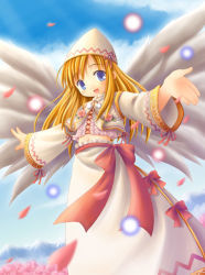 Rule 34 | 1girl, blonde hair, blue eyes, blue sky, blush, cherry blossoms, danmaku, day, dress, female focus, hat, lily white, long hair, long sleeves, looking at viewer, midriff, open mouth, outdoors, sky, solo, touhou, white dress, white wings, wings