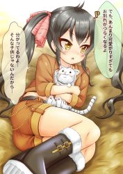 Rule 34 | 1girl, :o, animal, animal hug, ass, belt, black belt, black footwear, black hair, black shirt, blush, boots, brown eyes, brown jacket, brown shorts, cropped jacket, fur-trimmed boots, fur trim, hair between eyes, hair ribbon, highres, idolmaster, idolmaster cinderella girls, jacket, knee boots, long hair, looking away, matoba risa, midriff, on ground, p-head producer, parted lips, pink ribbon, producer (idolmaster), regular mow, ribbon, shirt, short shorts, shorts, solo, tiger, translation request, twintails, very long hair