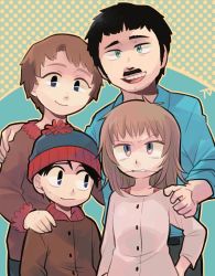 Rule 34 | arm around shoulder, beanie, black hair, blue eyes, braces, brother and sister, brown hair, child, facial hair, family, father and daughter, father and son, green eyes, hand on own hip, hat, mother and daughter, mother and son, mustache, open mouth, polka dot, polka dot background, randy marsh, sharon marsh, shelley marsh, short hair, siblings, signature, smile, south park, stan marsh, sweatdrop, tsunoji