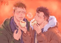 Rule 34 | 2boys, black hair, black shirt, blush, brown hair, earrings, food, fur-trimmed hood, fur trim, green jacket, highres, holding, holding food, hood, hood down, hooded jacket, irie kazumichi, jacket, jewelry, looking at another, male focus, multiple boys, necktie, oishi (psycho-pass), omochinosu, open clothes, open jacket, open mouth, psycho-pass, shirt, short hair, sideburns, undercut, upper body