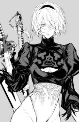 1girl 2b_(nier:automata) absurdres breasts cleavage_cutout clothing_cutout covered_navel feather_trim gloves greyscale hair_ornament hairband hand_up highleg highleg_leotard highres leotard lips long_sleeves looking_at_viewer medium_breasts mole mole_under_mouth monochrome nier:automata nier_(series) nishiii26miii puffy_sleeves short_hair simple_background solo sword turtleneck upper_body weapon weapon_on_back