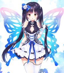 Rule 34 | 1girl, :o, animal print, arm at side, black bow, black hair, blue bow, blue ribbon, blue wings, blush, bow, breasts, butterfly print, butterfly wings, cleavage, cleavage cutout, clothing cutout, commentary request, cowboy shot, cross-laced clothes, dress, elbow gloves, flower, gem, gloves, hair bow, hair flower, hair ornament, holding, holding hair, insect wings, lace, lace-trimmed legwear, lace trim, large breasts, long hair, looking at viewer, nanohana kohina, open mouth, original, pearl (gemstone), print dress, ribbon, see-through, short sleeves, solo, thighhighs, twintails, very long hair, white dress, white flower, white gloves, white thighhighs, wings, yellow eyes, zettai ryouiki