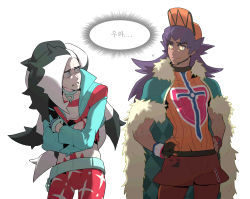 Rule 34 | 2boys, alternate color, baseball cap, belt, cape, champion uniform, closed mouth, commentary request, creatures (company), cropped jacket, crossed arms, dark-skinned male, dark skin, dynamax band, eye contact, eyeshadow, facial hair, fur-trimmed cape, fur trim, game freak, gloves, green cape, green eyes, gym leader, hands on own hips, hat, highres, korean commentary, korean text, leggings, leon (pokemon), long hair, looking at another, makeup, male focus, multicolored hair, multiple boys, nintendo, partially fingerless gloves, piers (pokemon), pokemon, pokemon masters ex, purple hair, red legwear, red shorts, redlhzz, shirt, short shorts, short sleeves, shorts, single glove, smile, two-tone hair, yellow eyes
