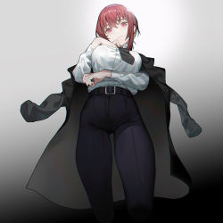Rule 34 | 1girl, absurdres, alver, arm under breasts, belt, belt buckle, black belt, black jacket, black necktie, black pants, breasts, buckle, chainsaw man, closed mouth, collared shirt, commentary request, dress shirt, from below, gradient background, hair between eyes, hand up, highres, huge filesize, jacket, jacket on shoulders, large breasts, long sleeves, looking at viewer, looking down, makima (chainsaw man), necktie, open clothes, open jacket, pants, red eyes, red hair, ringed eyes, shirt, solo, standing, weibo watermark, white shirt