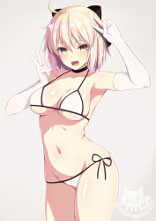 Rule 34 | 1girl, ahoge, asami asami, bare shoulders, bikini, black bow, blonde hair, blush, bow, breasts, choker, cleavage, collarbone, double v, elbow gloves, fate/grand order, fate (series), gloves, hair between eyes, half updo, hand gesture, hands up, koha-ace, looking at viewer, medium breasts, navel, okita souji (fate), okita souji (koha-ace), open mouth, short hair, simple background, smile, solo, swimsuit, v, white bikini, white gloves, yellow eyes
