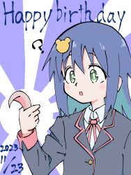 Rule 34 | 1girl, :o, ?, ahoge, aqua hair, black jacket, blue hair, colored inner hair, commentary, d2kmfsyqe69gby4, dated, detached ahoge, english text, green eyes, hair between eyes, hair ornament, hairclip, happy birthday, highres, holding, holding hair, jacket, long hair, long sleeves, multicolored hair, neck ribbon, onii-chan wa oshimai!, open mouth, red ribbon, ribbon, school uniform, shirt, simple background, solo, tenkawa nayuta, two-tone hair, upper body, white shirt, wing collar