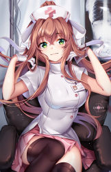 Rule 34 | 1girl, artist name, black thighhighs, breasts, brown hair, chair, closed mouth, commentary, doki doki literature club, dress, gloves, green eyes, hair between eyes, half gloves, hands up, hat, high ponytail, highres, looking at viewer, medium breasts, monika (doki doki literature club), nurse, nurse cap, office chair, on chair, pink skirt, pleated skirt, ponytail, sitting, skirt, smile, solo, squchan, swivel chair, thighhighs, white dress, white gloves, white hat, x-ray film