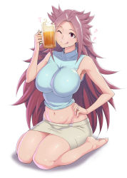 Rule 34 | 10s, 1girl, :q, ;q, alcohol, ao madoushi, armpits, barefoot, beer, beer mug, breasts, cup, artistic error, full body, hand on own hip, heart, highres, jewelry, jun&#039;you (kancolle), kantai collection, large breasts, miniskirt, mug, navel, one eye closed, purple eyes, purple hair, ring, simple background, sitting, skirt, solo, spiked hair, tongue, tongue out, wariza, wedding band, wedding ring, white background