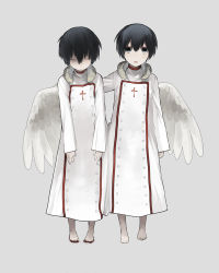 Rule 34 | 2boys, akio (89e), angel wings, barefoot, baroque (sound horizon), black eyes, black hair, closed eyes, copyright request, feathered wings, full body, grey background, looking at viewer, multiple boys, robe, short hair, siblings, single wing, twins, white wings, wings