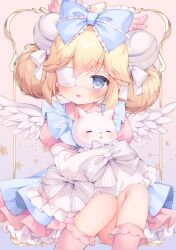 Rule 34 | 1girl, animal, animal hug, apron, bell, blonde hair, blue apron, blue bow, blue eyes, blush, bow, cat, commentary, cutesu (cutesuu), double bun, dress, feathered wings, feet out of frame, frilled bow, frilled socks, frills, hair bell, hair bow, hair bun, hair ornament, heart, heart-shaped pupils, highres, jingle bell, layered sleeves, long sleeves, open mouth, original, pink dress, pink socks, piyodera mucha, puffy short sleeves, puffy sleeves, short over long sleeves, short sleeves, sidelocks, sleeves past fingers, sleeves past wrists, socks, solo, striped, striped bow, symbol-only commentary, symbol-shaped pupils, white bow, white cat, white wings, wings
