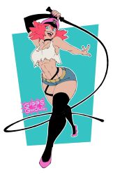 Rule 34 | 1girl, abs, blue eyes, choker, giggstheghoul, highres, holding, holding whip, looking at viewer, midriff, pink hair, poison (final fight), short hair, shorts, street fighter, street fighter v, thighhighs, torn clothes, walking, whip