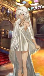 Rule 34 | 1girl, altera (fate), altera (formal dress) (fate), breasts, choker, commentary, craft essence (fate), dark-skinned female, dark skin, detached sleeves, dress, fate/grand order, fate (series), full-body tattoo, heroic spirit formal dress, huke, official art, red eyes, shawl, short dress, small breasts, solo, stairs, tattoo, veil, white dress, white hair, white sleeves