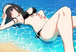 Rule 34 | 1girl, absurdres, bikini, black bikini, black hair, blue eyes, blush, breasts, cleavage, front-tie top, go-1, groin, hair over eyes, hand on own stomach, highres, idolmaster, idolmaster cinderella girls, large breasts, long hair, looking at viewer, lying, navel, nose blush, on back, partially submerged, sagisawa fumika, side-tie bikini bottom, side-tie bottom, solo, strap slip, swimsuit, thighs, thinking, water