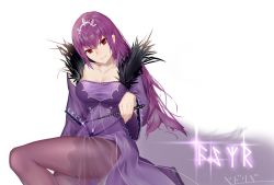Rule 34 | 1girl, brown pantyhose, chiwan hewan, diadem, dress, fate/grand order, fate (series), hair between eyes, head tilt, highres, holding, holding wand, long hair, long sleeves, looking at viewer, pantyhose, purple dress, purple hair, red eyes, scathach (fate), scathach skadi (fate), simple background, sitting, solo, very long hair, wand, white background