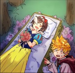 Rule 34 | 1boy, 1girl, bad id, bad twitter id, black hair, blonde hair, bouquet, bow, cosplay, disney, dress, drooling, flower, hair bow, kingdom hearts, kingdom hearts 358/2 days, nakwanne, nose bubble, pointing, roxas, sleeping, snow white (disney), snow white (disney) (cosplay), snow white and the seven dwarfs, spiked hair, sweatdrop, the prince (disney), the prince (disney) (cosplay), xion (kingdom hearts)