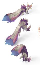Rule 34 | animal focus, artist name, blending, commentary, english commentary, facebook logo, facebook username, faceplant, fins, fox, frills, from behind, full body, head fins, highres, instagram logo, instagram username, jumping, mizutsune, monster hunter (series), no humans, outdoors, pixiv logo, pixiv username, simple background, snow, solo, twitter logo, twitter username, white background, xezeno