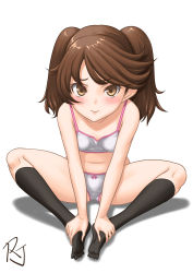 Rule 34 | 1girl, black thighhighs, bow, bow panties, bra, breasts, brown eyes, brown hair, butterfly sitting, collarbone, full body, highres, kantai collection, leaning forward, long hair, looking at viewer, navel, panties, ryuujou (kancolle), sitting, small breasts, solo, t2r, thighhighs, twintails, underwear, white bra, white panties