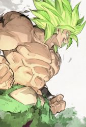 Rule 34 | 2boys, abs, broly (dragon ball super), clenched hand, dragon ball, dragon ball super, dragon ball super broly, evil smile, fingernails, frown, green hair, legendary super saiyan, male focus, multiple boys, muscular, no pupils, profile, smile, solo, spiked hair, super saiyan, topless male, yunar
