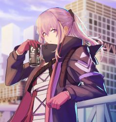 Rule 34 | 1girl, 3 small spiders, absurdres, blue sky, breasts, commentary, dress, girls&#039; frontline, gloves, highres, holding, holding jar, house, jacket, jar, long hair, looking at viewer, open clothes, open jacket, open mouth, parted lips, pink gloves, pink hair, ponytail, purple eyes, purple jacket, scenery, simple background, sky, small breasts, solo, st ar-15 (girls&#039; frontline), st ar-15 (mod3) (girls&#039; frontline), upper body, white dress