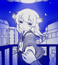 Rule 34 | 1girl, blue theme, building, cai (cabbage 0j0), cardigan, cardigan partially removed, cevio, city, cityscape, closed mouth, commentary request, debris, floating hair, half-closed eyes, halftone, head tilt, highres, holding hands, horns, isei ni ikou ne (cevio), long hair, long sleeves, looking at viewer, monochrome, neckerchief, on rooftop, open cardigan, open clothes, outdoors, pleated skirt, pov, pov hands, railing, school uniform, serafuku, skirt, smile, solo focus, standing, ufo