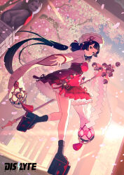 Rule 34 | bare legs, bell, black hair, black socks, blunt bangs, cherry blossoms, chinese knot, copyright name, dislyte, dress, falling petals, frilled dress, frills, gohei, highres, holding, holding gohei, koh rd, koharu (dislyte), lace, lace-trimmed dress, lace trim, leg up, long hair, looking at viewer, low twintails, neck bell, nontraditional miko, okobo, outstretched arm, petals, reaching, reaching towards viewer, red dress, sandals, smile, socks, tassel, twintails, very long hair, very long sleeves