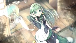 Rule 34 | 1girl, asymmetrical gloves, asymmetrical sleeves, black gloves, blunt bangs, closed mouth, dec madoka, dress, earrings, floating hair, from above, gloves, green eyes, green hair, highres, jewelry, long dress, long hair, single glove, single sleeve, sitting, smile, solo, very long hair, virtual youtuber, vocaloid, vsinger, wind chime, wind chime focus
