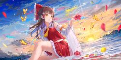 1girl ascot beach bow brown_hair bug butterfly cloud commentary detached_sleeves english_commentary floral_print flower frilled_hair_tubes frilled_skirt frills game_cg hair_bow hair_tubes hakurei_reimu hibiscus highres holding holding_flower insect knee_up lips long_hair midriff mountainous_horizon na_kyo nontraditional_miko official_art parted_lips petals red_bow red_shirt red_skirt shirt shore sitting skirt solo sun sunlight sunrise thighs third-party_source touhou touhou_lostword water water_drop wet yellow_ascot yellow_eyes