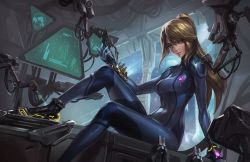 Rule 34 | 1girl, arm support, blonde hair, blue bodysuit, blue eyes, bodysuit, breasts, closed mouth, commentary, imdrunkontea, lips, long hair, long sleeves, looking at viewer, machinery, medium breasts, metroid, mole, mole under mouth, neon trim, nintendo, ponytail, samus aran, shiny clothes, simple background, sitting, skin tight, solo, turtleneck, zero suit