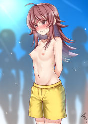 Rule 34 | 1girl, absurdres, ahoge, arms behind back, blue sky, blurry, blurry background, blush, breasts, brown eyes, brown hair, cowboy shot, day, dot nose, embarrassed, female focus, highres, idolmaster, idolmaster shiny colors, komiya kaho, looking at viewer, mabanna, male swimwear, male swimwear challenge, medium breasts, medium hair, nervous smile, nipples, outdoors, sky, small breasts, smile, solo, source request, sweat, swim trunks, swimsuit, topless, wet, yellow male swimwear, yellow swim trunks