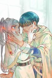 Rule 34 | 1boy, 1girl, blue eyes, blue hair, blurry, blurry background, cape, capelet, earrings, elf, eye contact, frieren, grey hair, hand up, hetero, highres, himmel (sousou no frieren), indoors, jewelry, kesyeru, long sleeves, looking at another, mole, mole under eye, pointy ears, short hair, sousou no frieren, twintails, twitter username, watermark, white capelet, window