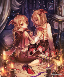 Rule 34 | 1boy, 1girl, arm support, black pants, black skirt, blonde hair, boots, candle, capelet, closed mouth, company name, cosplay, costume switch, cushion, fire, fire, flower, frilled shirt, frills, granblue fantasy, green eyes, head tilt, head wings, high heels, jewelry, jewelry box, long hair, long sleeves, mayoko (sisqo 5003), necklace, official art, on floor, pants, parted lips, pearl necklace, petticoat, pointy ears, profile, red eyes, red flower, red rose, rose, shingeki no bahamut, shirt, sitting, skirt, table, tile floor, tiles, vampire, vampy, vampy (cosplay), veight, veight (cosplay), very long hair, wariza, watermark, weidt, white shirt, wings