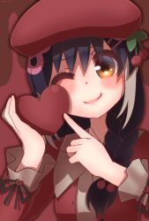 Rule 34 | 1girl, african penguin (kemono friends), black hair, closed mouth, dress, grey hair, hair ornament, happy valentine, hat, heart, highres, hikarikmy, kemono friends, kemono friends v project, long hair, looking at viewer, multicolored hair, one eye closed, penguin girl, pink hair, simple background, solo, valentine, virtual youtuber, yellow eyes