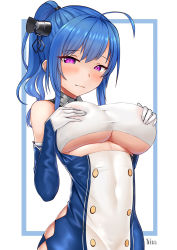 Rule 34 | 1girl, ahoge, azur lane, bare shoulders, blue hair, breasts, cleavage, covered navel, dress, elbow gloves, gloves, highres, large breasts, looking at viewer, purple eyes, smile, solo, st. louis (azur lane), strapless, strapless dress, tube dress, underboob, white gloves, yua (argaoffroad)
