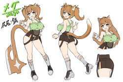 Rule 34 | 1girl, alternate hairstyle, animal ears, aqua eyes, axe, bad id, bad twitter id, battle axe, black footwear, black overalls, breasts, brown hair, camisole, cat ears, cat girl, cat tail, character name, character sheet, clothing cutout, commentary, cougar (cougar1404), green camisole, grey socks, hair down, hand on own hip, large breasts, looking at viewer, looking back, medium hair, megu (cougar1404), micro shorts, multiple views, open mouth, original, overall shorts, overalls, shoes, shorts, simple background, sleeveless, smile, socks, standing, suspenders, suspenders slip, tail, tail through clothes, translated, twintails, v, weapon, white background, wrist cuffs, zipper