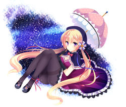 Rule 34 | 1girl, agekichi (heart shape), bad id, bad pixiv id, black gloves, black pantyhose, blonde hair, blush, breasts, cleavage, dress, gloves, hair ornament, hairclip, large breasts, long hair, looking at viewer, mary janes, night, original, pantyhose, purple eyes, shoes, sky, solo, star (sky), starry sky, thighband pantyhose, twintails, umbrella