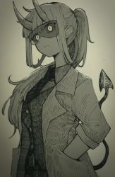 Rule 34 | 1girl, belt, breasts, closed mouth, coat, collared shirt, cowboy shot, demon girl, demon tail, epeulu (ate5424), formal, glasses, goggles, hand in pocket, helltaker, highres, horns, lab coat, long hair, long sleeves, looking at viewer, loremaster (helltaker), monochrome, necktie, open clothes, open coat, pants, ponytail, shirt, solo, standing, suit, sunglasses, tail, tinted eyewear, traditional media, vest, visor
