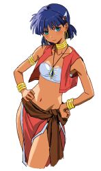 Rule 34 | 1girl, absurdres, armlet, bandeau, bare shoulders, blue gemstone, blue hair, blunt bangs, blunt ends, blush, bob cut, bracelet, breasts, brown sash, closed mouth, collarbone, commentary, contrapposto, cowboy shot, cropped legs, cropped vest, dark-skinned female, dark skin, earrings, fushigi no umi no nadia, gem, gold bracelet, green eyes, hair ornament, hairclip, hands on own hips, highres, hoop earrings, jewelry, light blush, light smile, loincloth, looking at viewer, midriff, nadia la arwall, navel, neck ring, necklace, open clothes, open vest, pelvic curtain, pendant, purple hair, red vest, romaji commentary, shiren (ourboy83), short hair, simple background, small breasts, smile, solo, standing, vest, white background, white bandeau